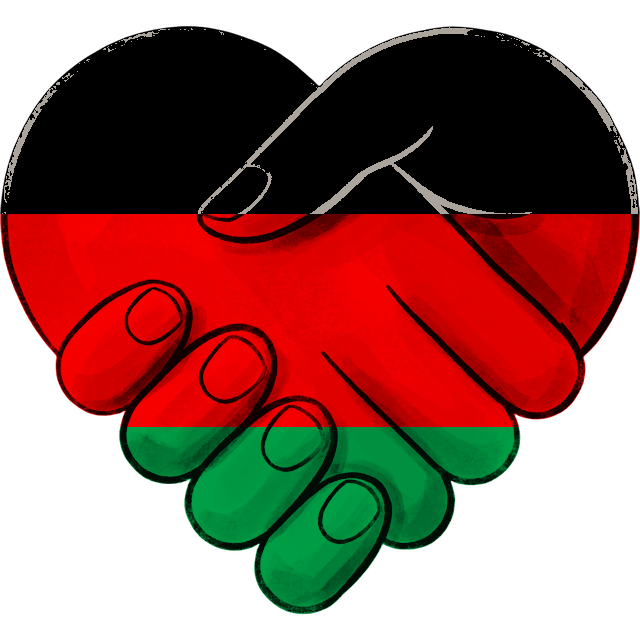 Clasped hands in the flag colours of Afghanistan