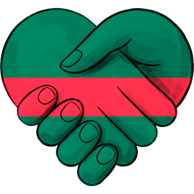 Clasped hands in the flag colours of Bangladesh