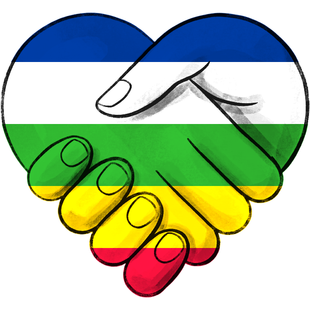 Clasped hands in the flag colours of Central African Republic