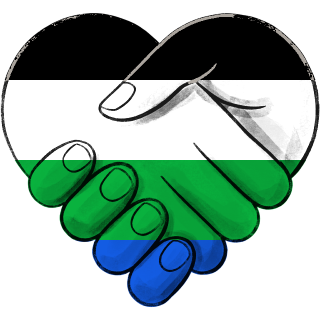 Clasped hands in the flag colours of South Sudan