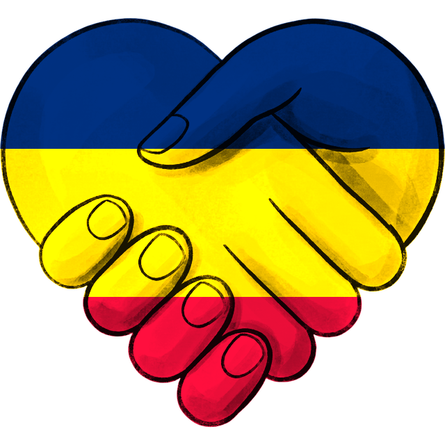 Clasped hands in the flag colours of Chad